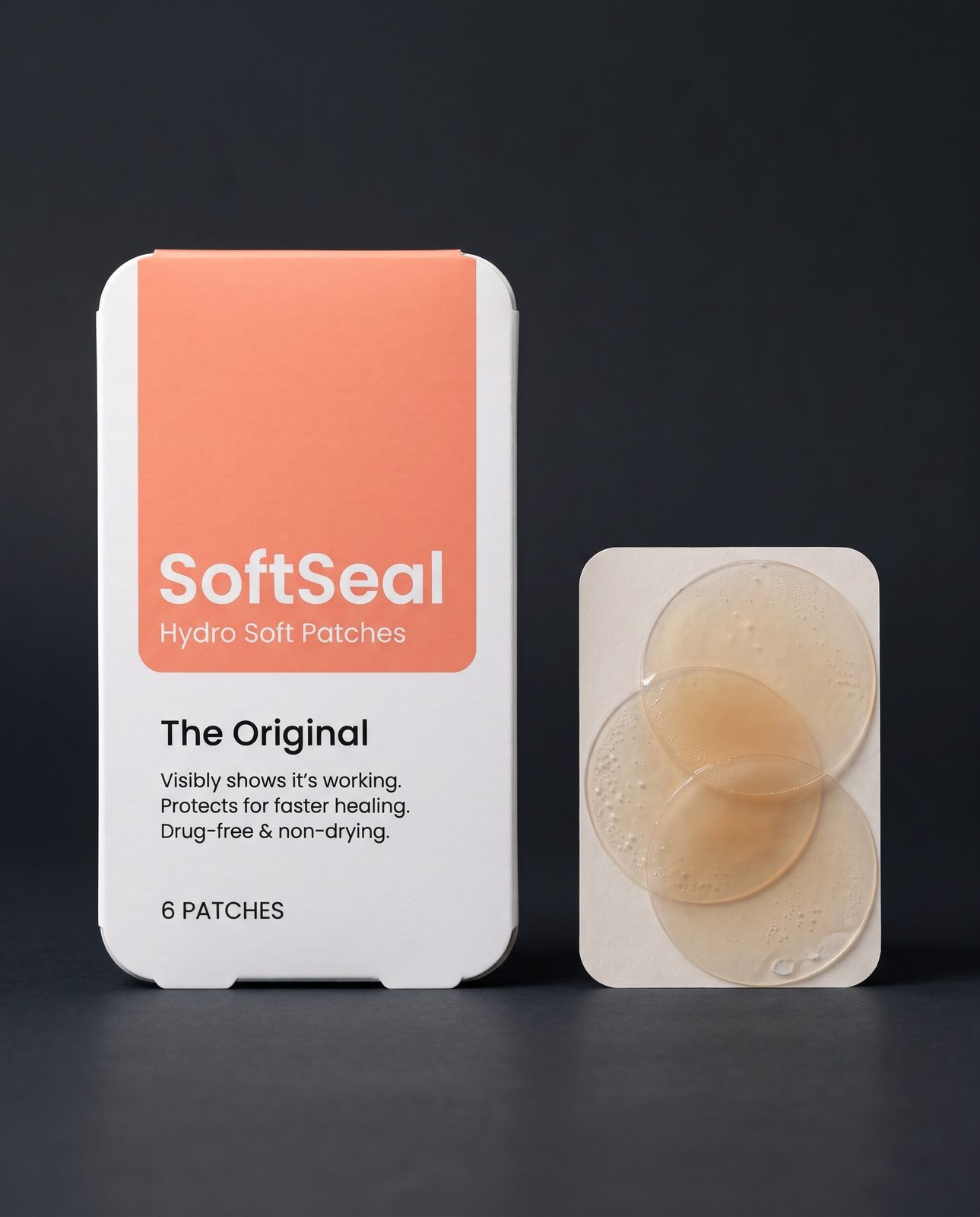 AI-generated sample still: SoftSeal Hydro Salt Patches box beside two translucent circular patches on a dark surface