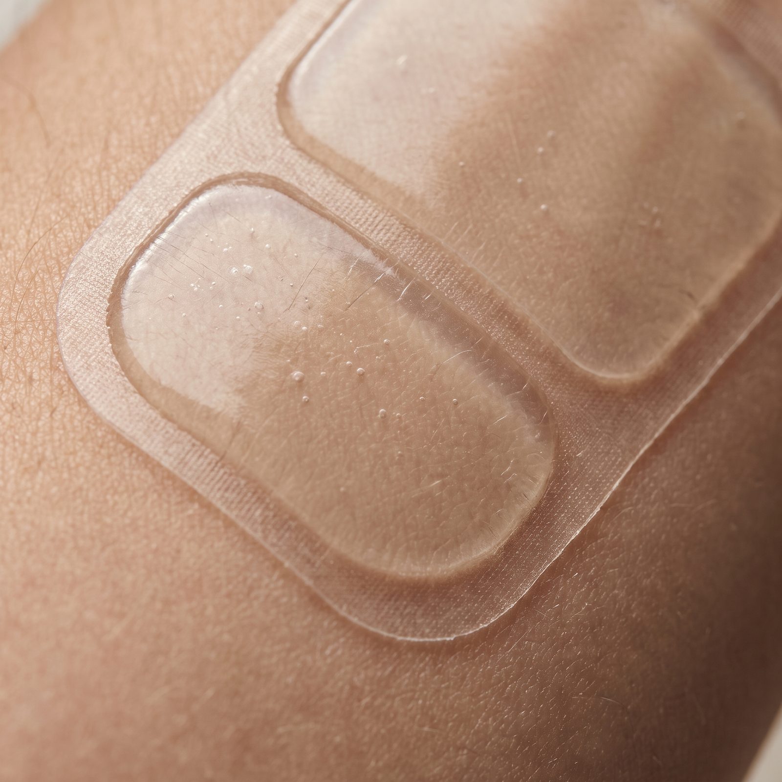 AI-generated sample still: extreme close-up of translucent SoftSeal patches on skin