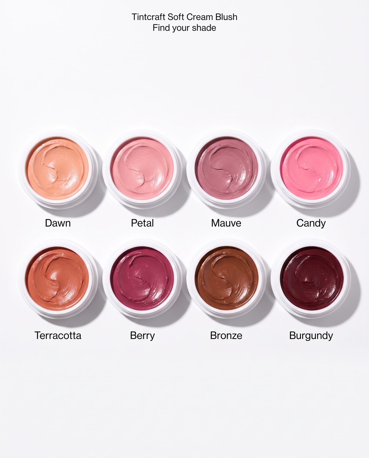 AI-generated sample still: Tintcraft Soft Cream Blush shade swatches arranged in a labelled grid