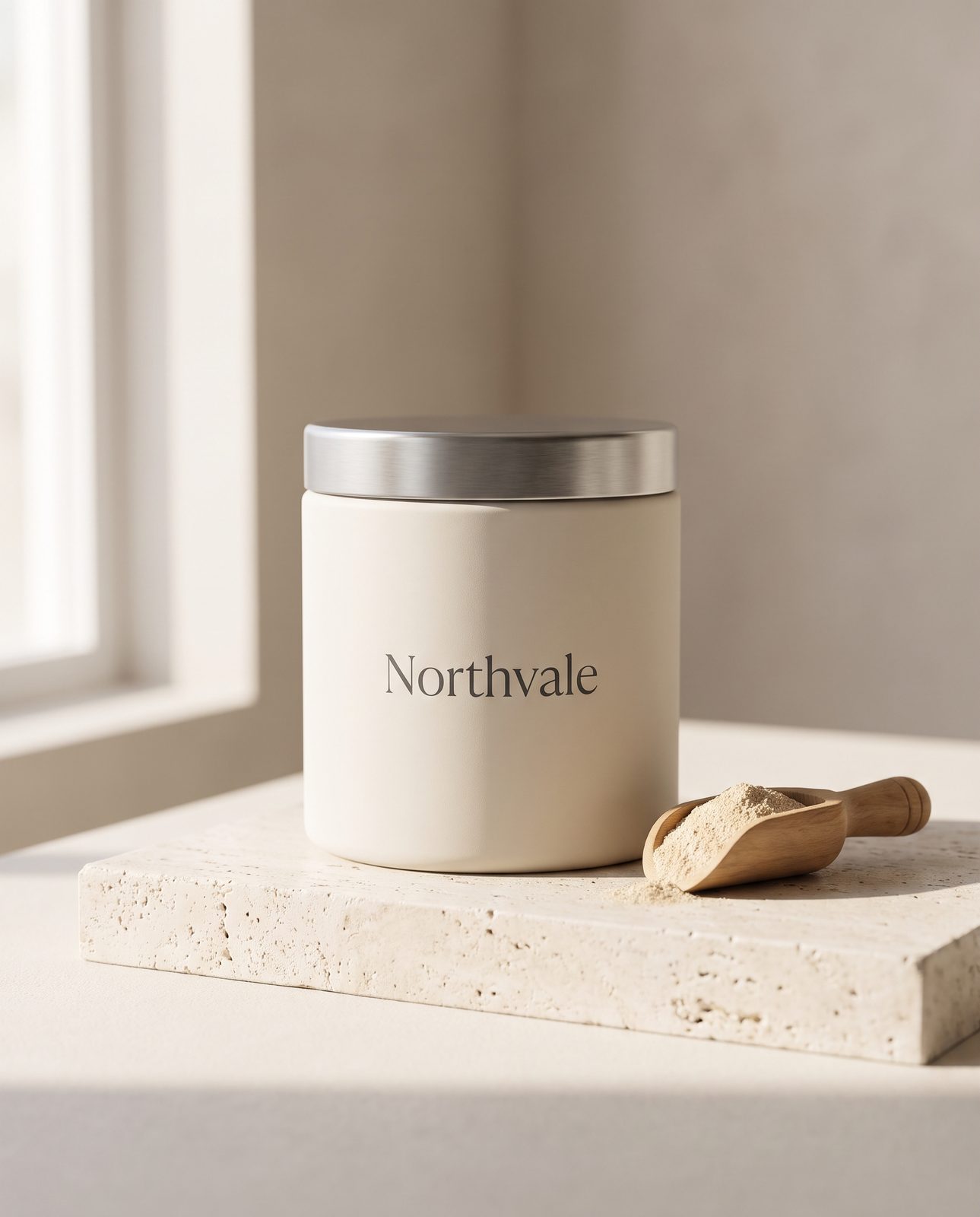 AI-generated after: Northvale jar on stone with scoop in soft light