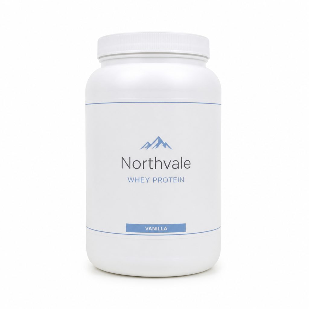 AI-generated before: plain Northvale protein tub on white