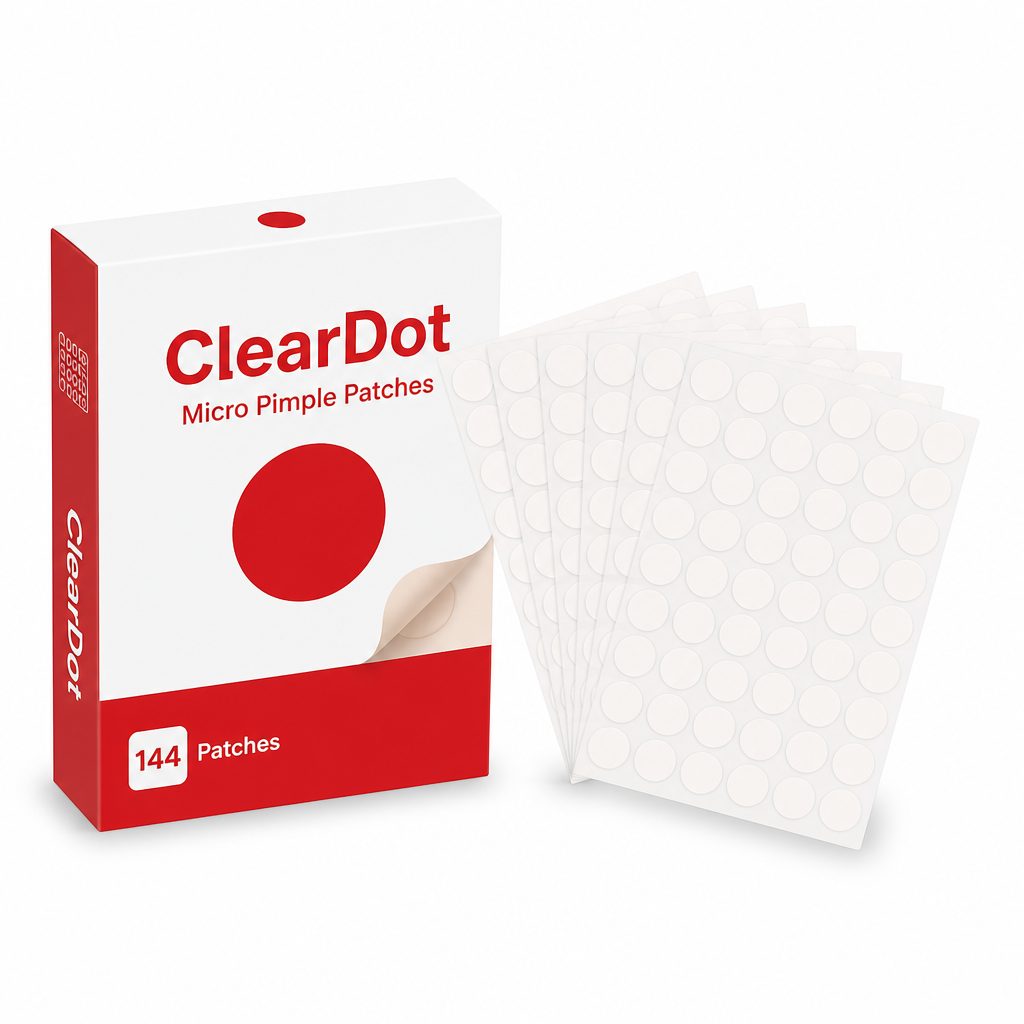 AI-generated before: ClearDot pimple patches retail box and sheets on white