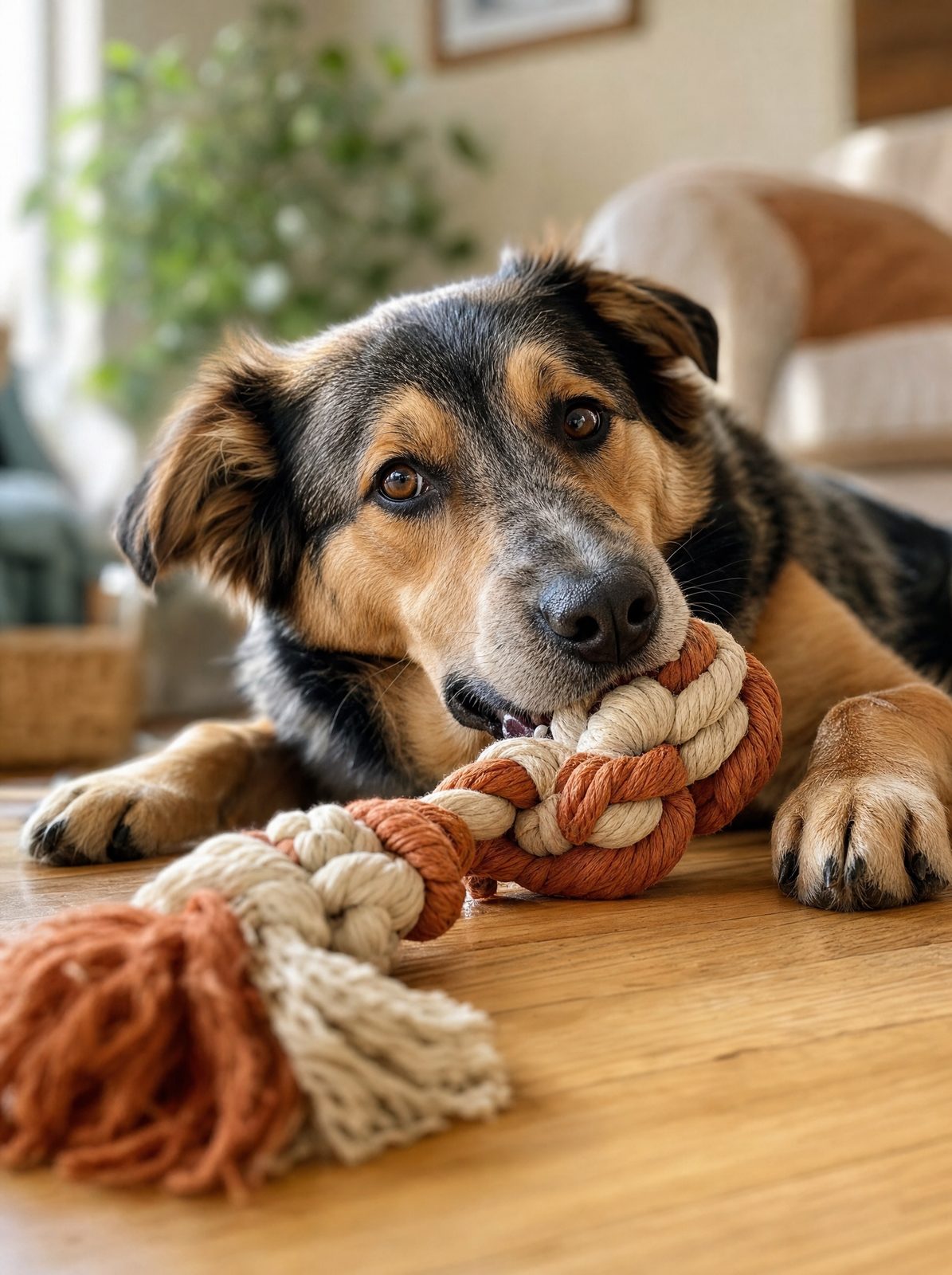AI-generated after: dog chewing a Knot and Co rope toy on a wooden floor