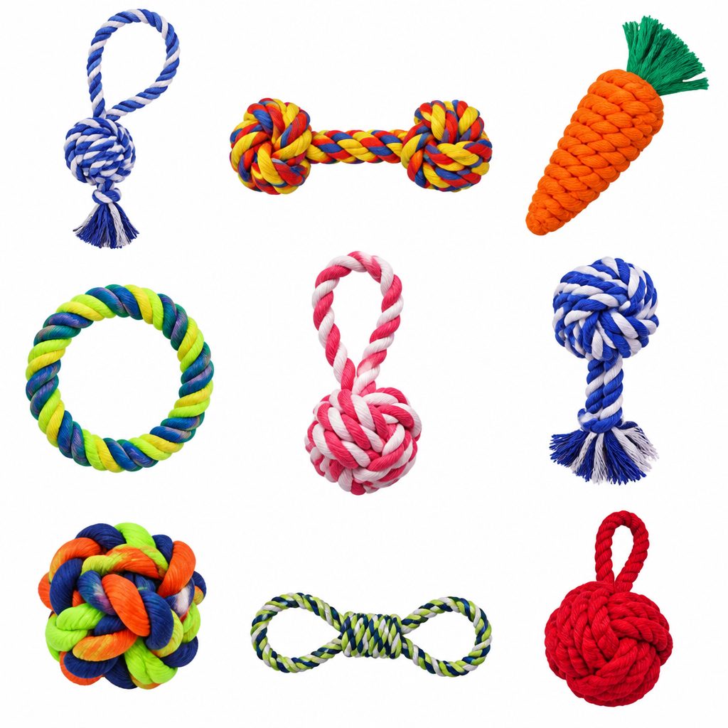AI-generated before: grid of colourful braided rope dog toys on white