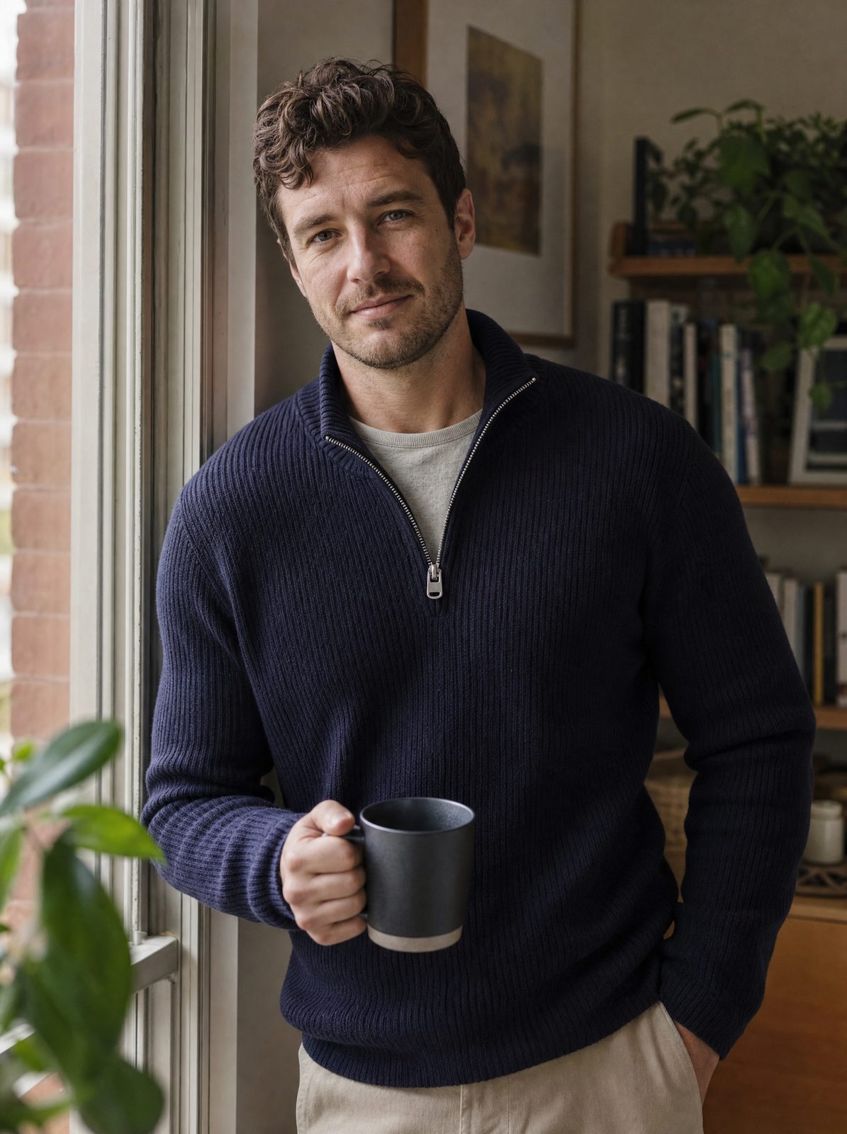 AI-generated after: man in a navy Harbor quarter-zip by a window with a mug