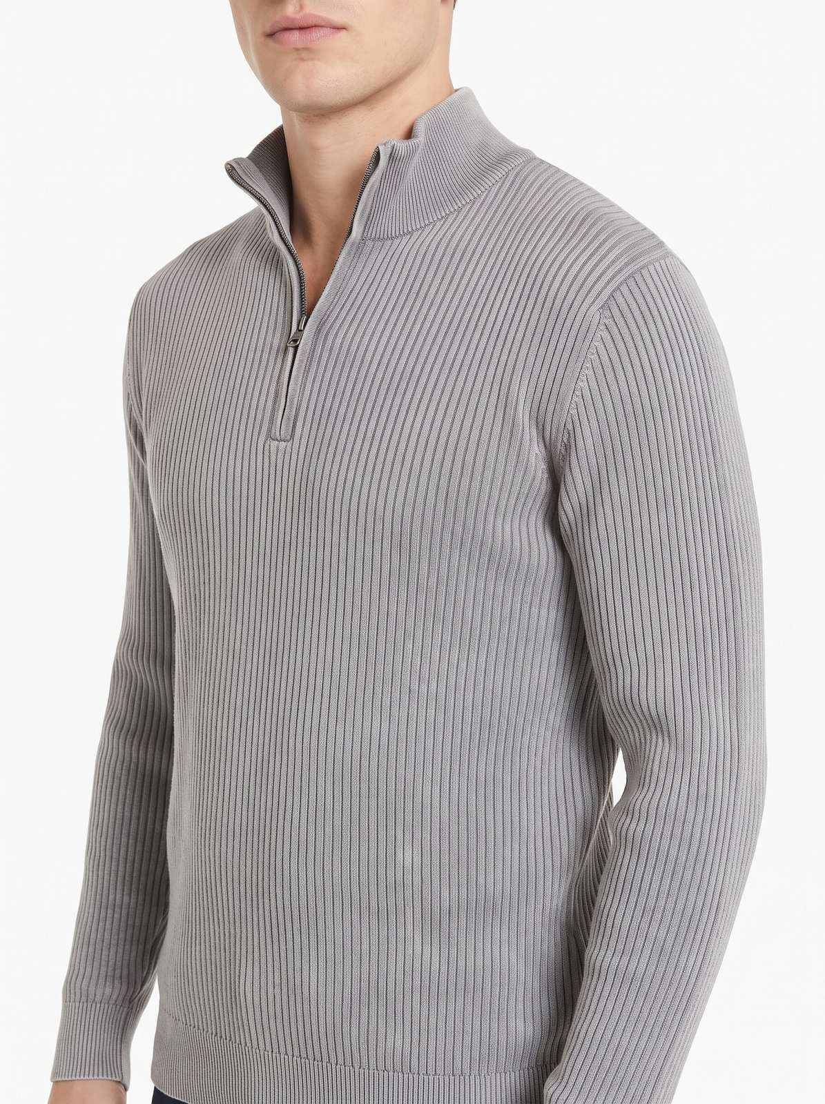 AI-generated before: faceless close-up of a light grey Harbor ribbed quarter-zip on white