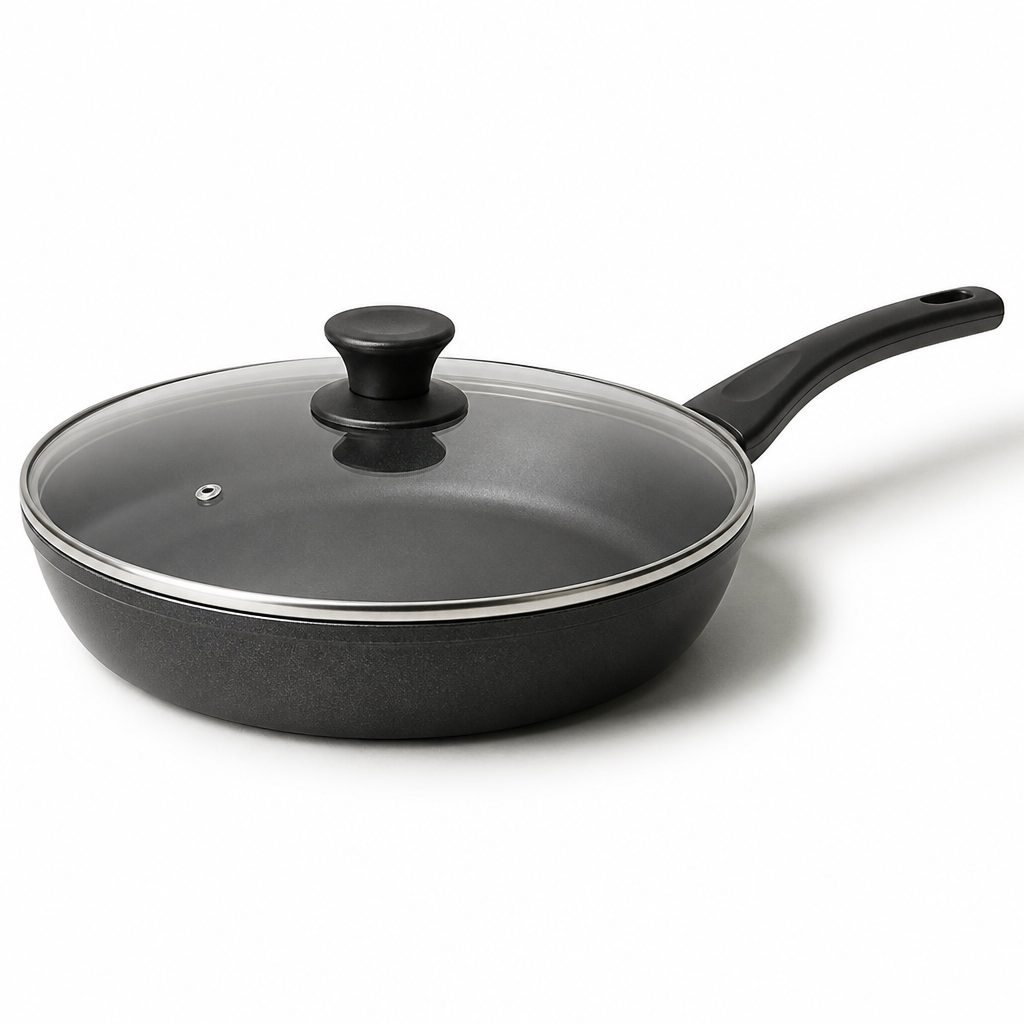 AI-generated before: black non-stick skillet with glass lid on white