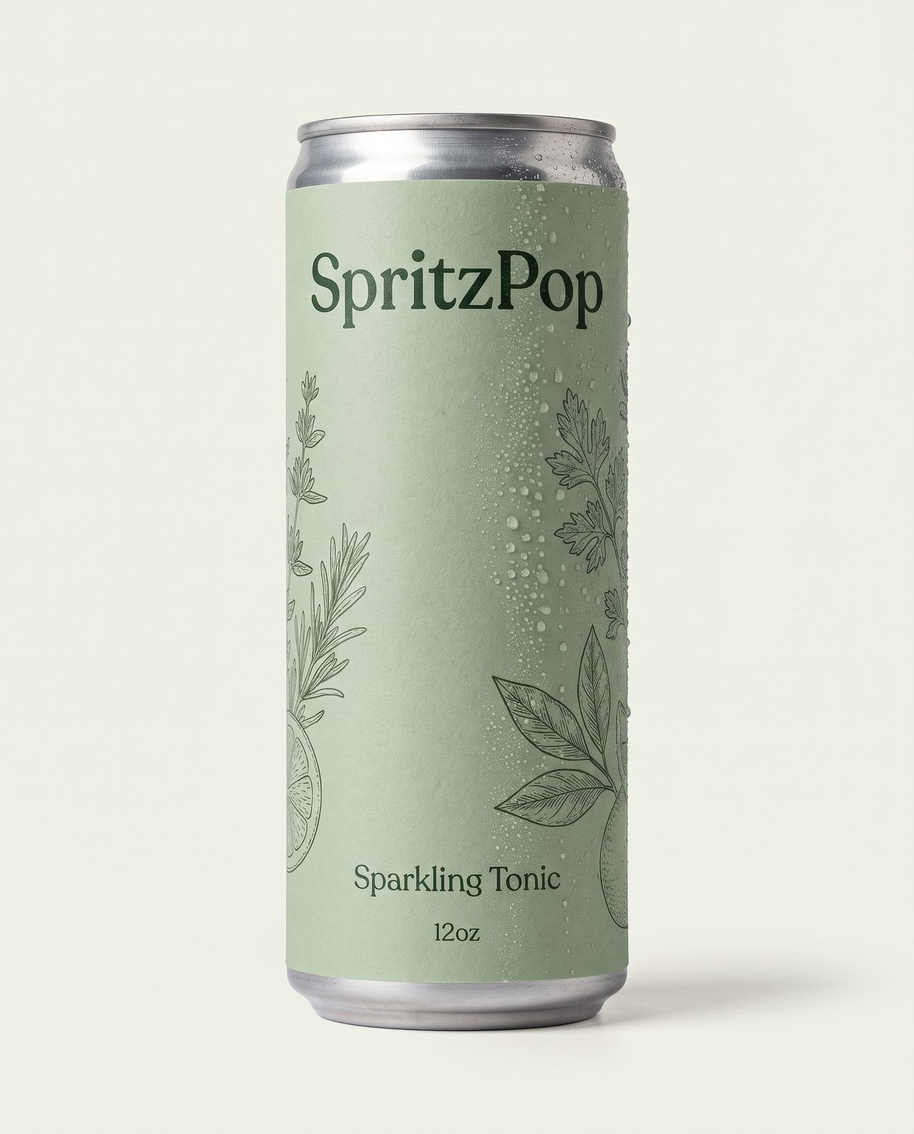 AI-generated sample still: sage SpritzPop Sparkling Tonic can with condensation and botanical art