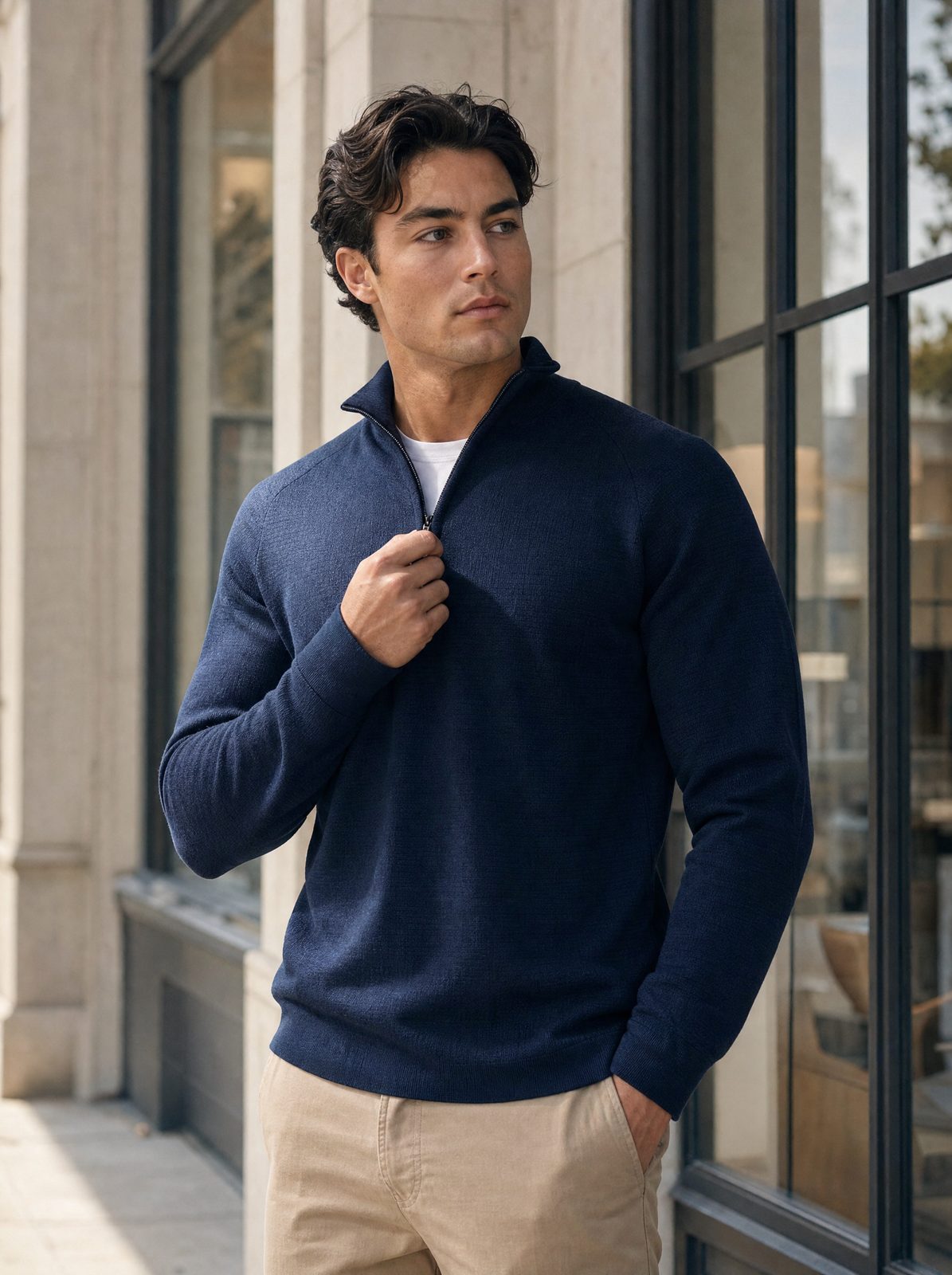 AI-generated sample still: man outdoors in a navy Northlane ribbed quarter-zip over a white tee