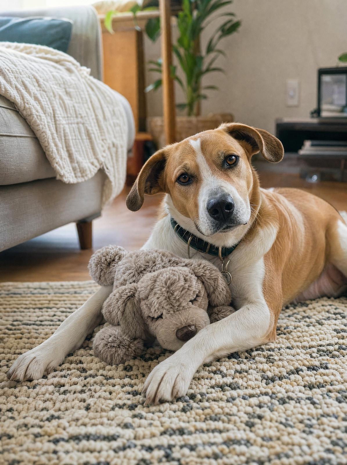 AI-generated sample still: a brown and white dog lying beside a Nestling plush toy on a cream rug