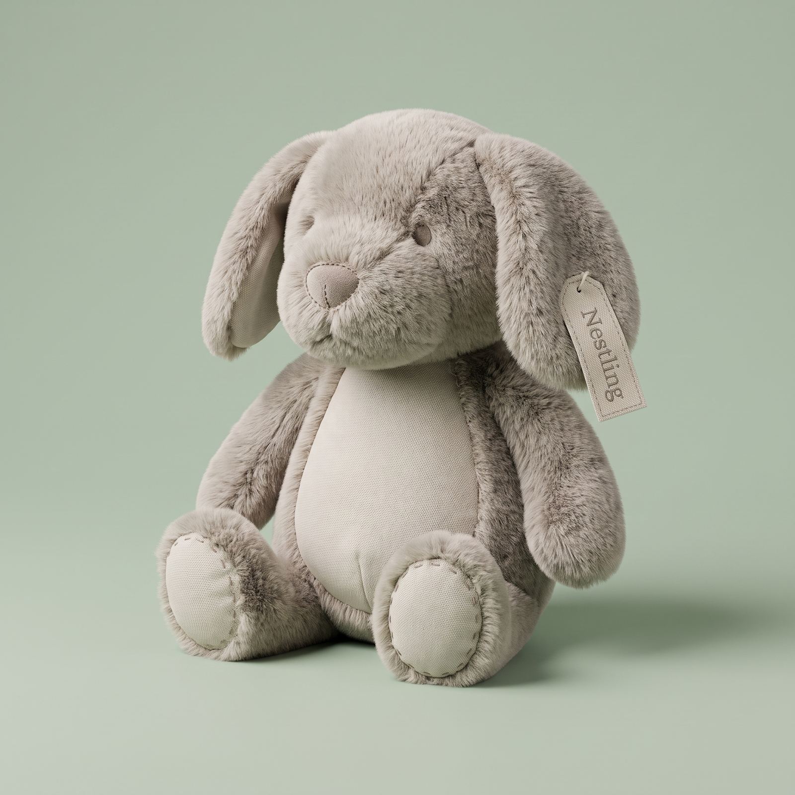 AI-generated sample still: Nestling plush bunny toy against a sage background
