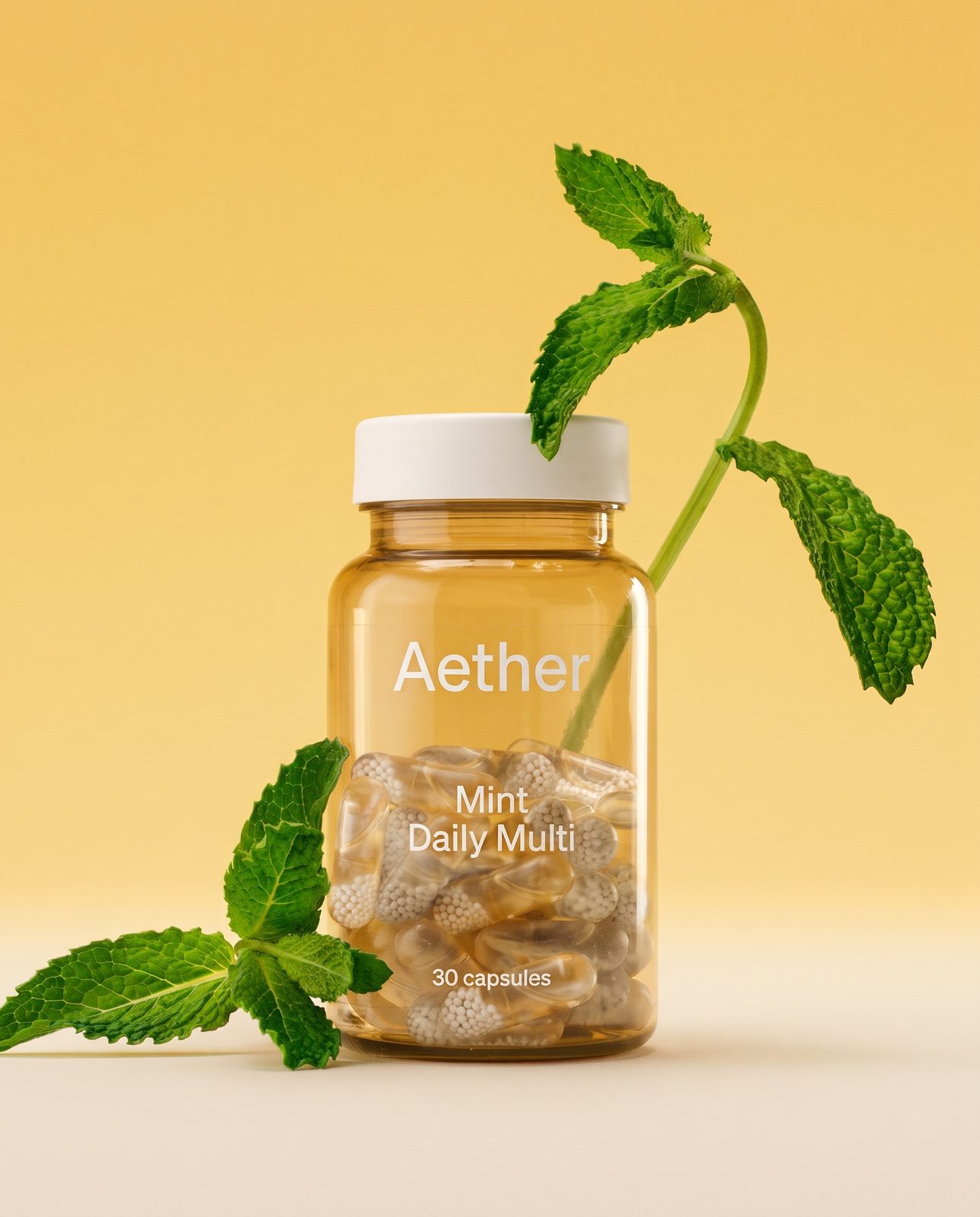 AI-generated sample still: Aether Mint Daily Multi bottle with mint sprigs on a pale yellow background