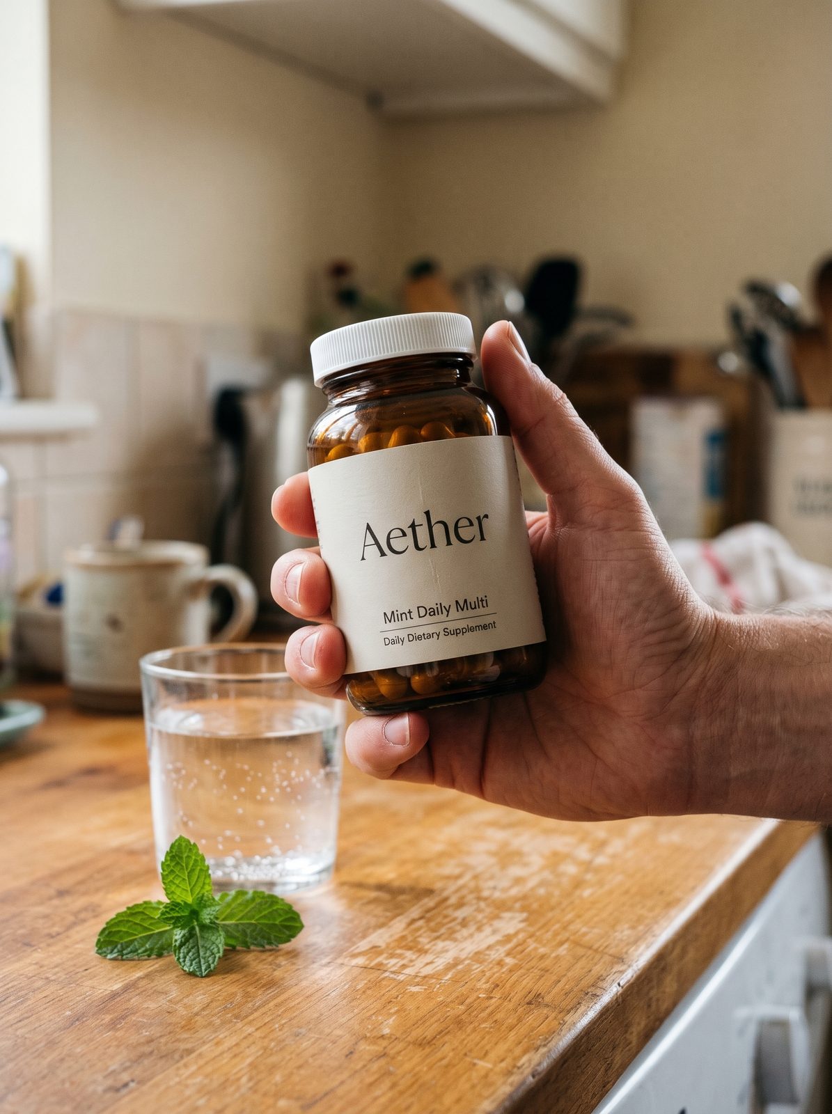 AI-generated sample still: hand holding an Aether bottle over a wooden kitchen counter with a glass of water